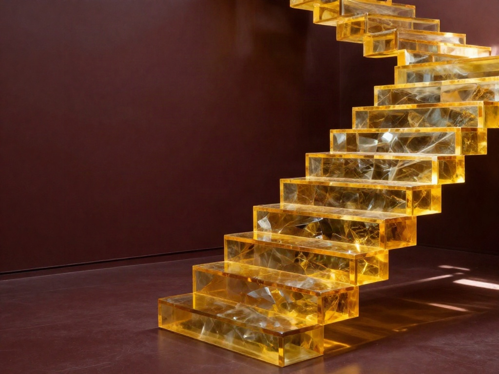 Sculptural amber glass steps ascending into warm light